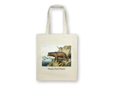 Natural cotton tote bag with a painting of a brown bear printed on it