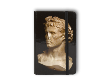 notebook seen from the front with the bust of Augustus printed on the cover