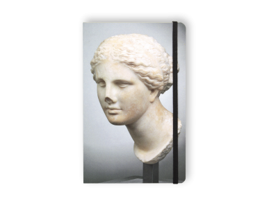 notebook seen from the front with the head of a statue of Venus printed on the cover