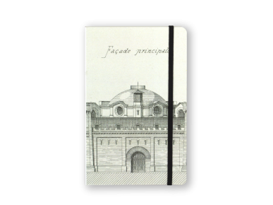Cuaderno visto de frente con un boceto de la fachada del Castelet impreso en la tapa