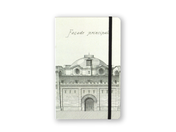 notebook seen from the front with a sketch of the façade of the Castelet printed on the cover
