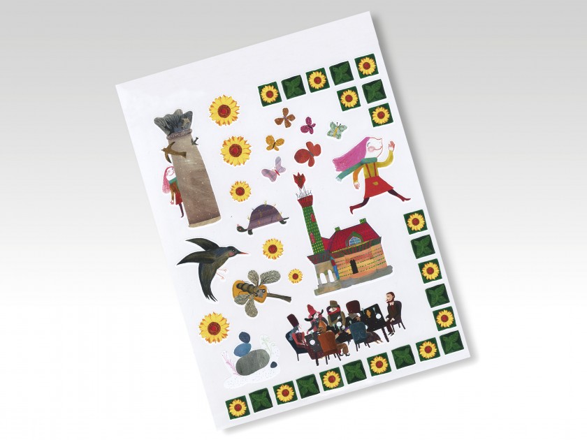 fulletó amb diversos adhesius que representen diferents il·lustracions infantils del Capricho de Gaudí