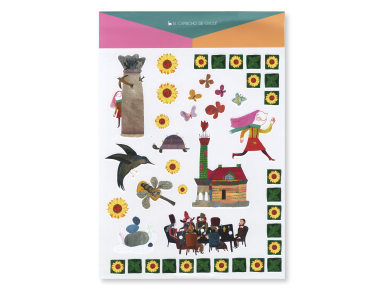 feuillet avec plusieurs stickers représentant différentes illustrations enfantines du Capricho de Gaudí