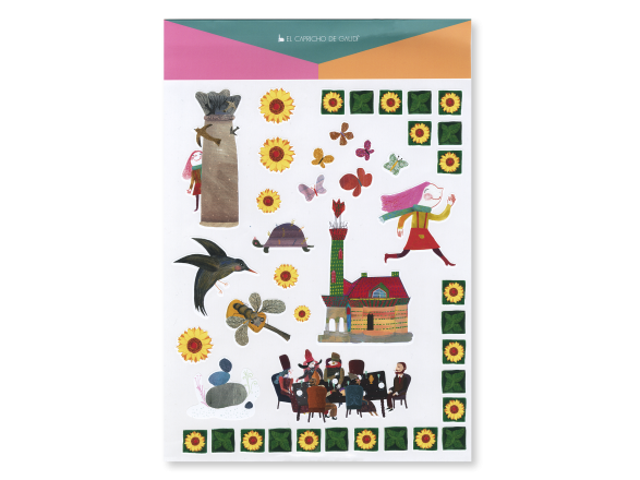 leaflet with several stickers representing different children's illustrations of Gaudí's Capricho