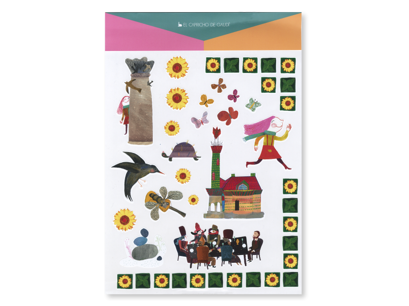 fulletó amb diversos adhesius que representen diferents il·lustracions infantils del Capricho de Gaudí