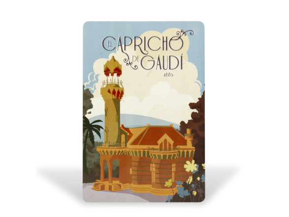 carte postale représentant une illustration vintage du Capricho de Gaudí