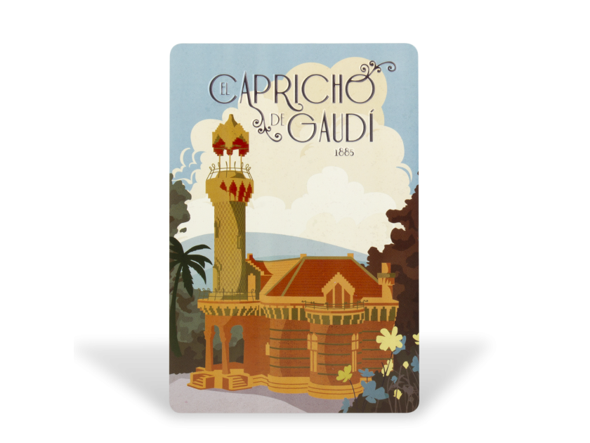 postal amb una il·lustració d'època del Capricho de Gaudí