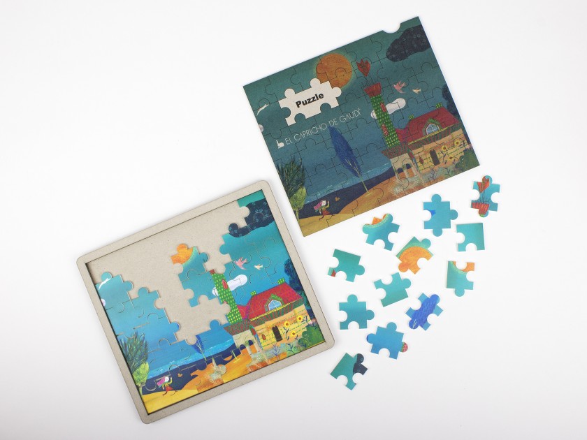 jigsaw puzzle featuring a child's illustration of Gaudí's Capricho
