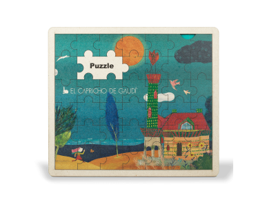 jigsaw puzzle featuring a child's illustration of El Capricho de Gaudí