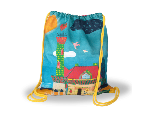 small drawstring backpack with a childlike illustration of El Capricho de Gaudí