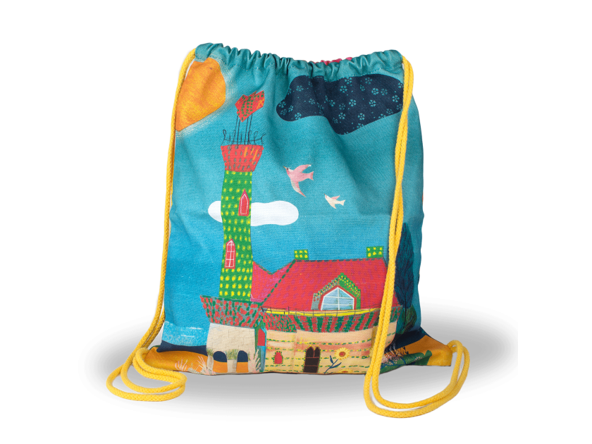 petit sac à dos à cordon représentant une illustration enfantine du Capricho de Gaudí
