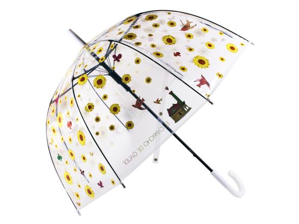 transparent plastic umbrella with sunflowers and El Capricho de Gaudí's logo printed on it