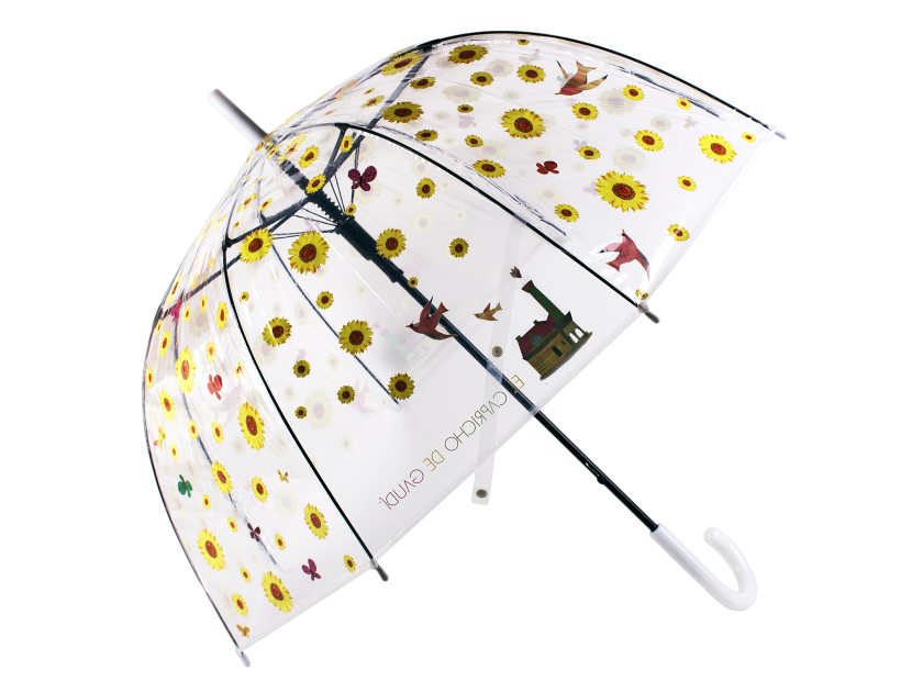 paraguas de plástico transparente con girasoles y el logotipo del Capricho de Gaudí impreso
