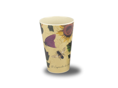 pencil holder printed with sunflowers, a bee and a butterfly