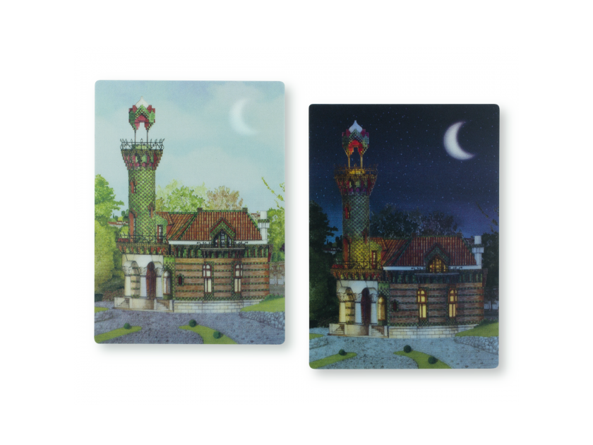 lenticular postcard showing El Capricho de Gaudí by day and by night