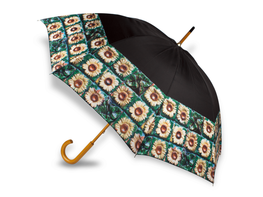 open umbrella with sunflowers printed on it