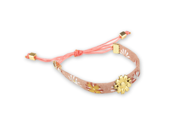pulsera de tela floral rosa con un girasol dorado