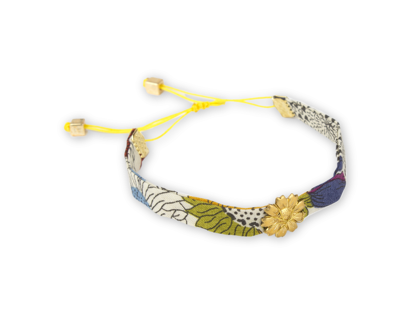 flowered fabric bracelet with a golden sunflower