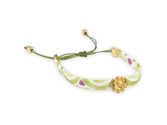 bracelet en tissu sur les tons verts avec une fleur de tournesol dorée cousue