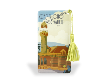 Marcapáginas con una ilustración de época del Capricho de Gaudí con un pompón dorado