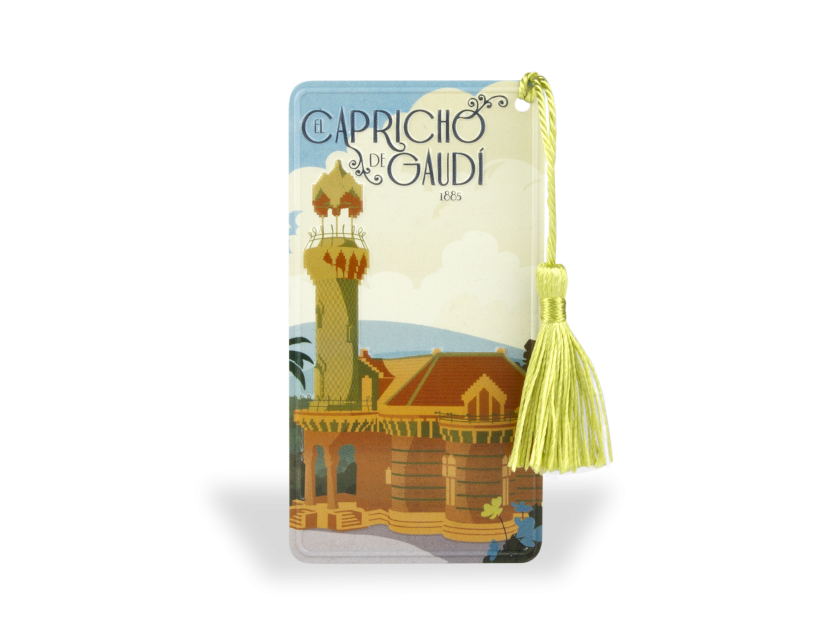 marque-page montrant une illustration vintage du Capricho de Gaudí avec un pompom doré