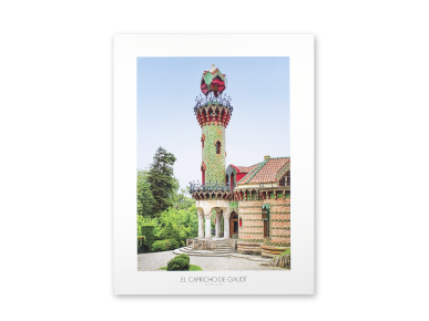 Làmina que mostra una foto de la torre del Capricho de Gaudí amb la llegenda El Capricho de Gaudí