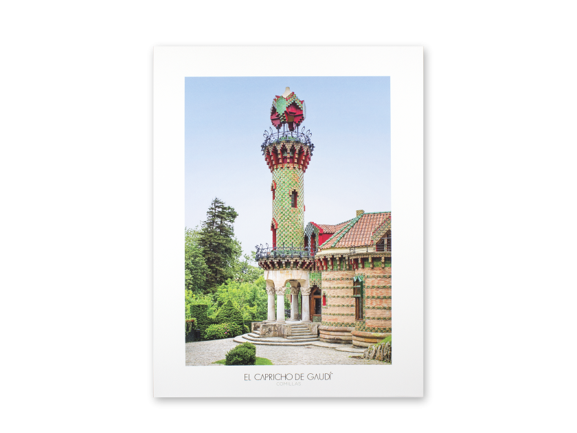 Lámina que muestra una foto de la torre del Capricho de Gaudí con la leyenda El Capricho de Gaudí