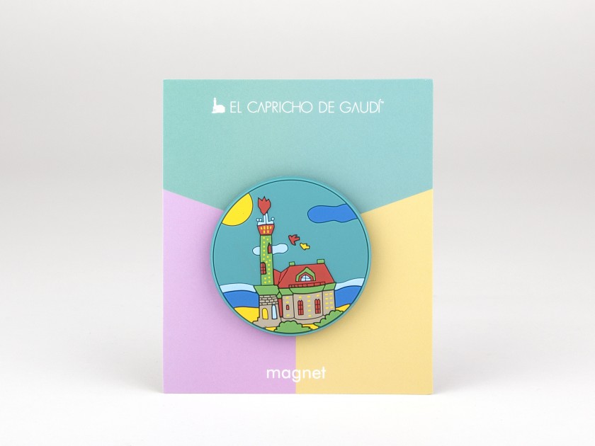 round magnet showing a coloured drawing of El Capricho de Gaudí