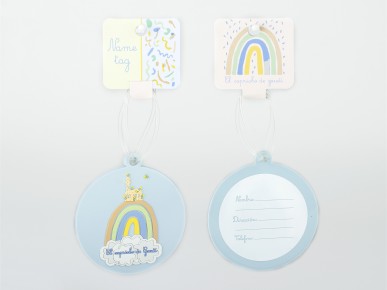 round plastic luggage tag for children front and back view