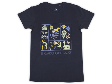 Navy blue T-shirt with a print on the chest showing drawings and the name El Capricho by Gaudí