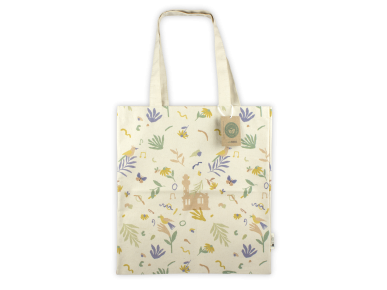 tote bag made of natural ecru fabric printed all over with small coloured drawings