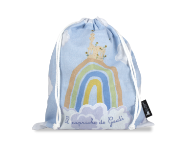 Little blue fabric bag with a child's drawing and the name El Capricho de Gaudí printed on it