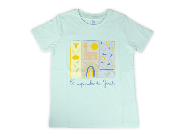 Mint green water coloured T-shirt with drawings and the name El Capricho de Gaudí printed on the front
