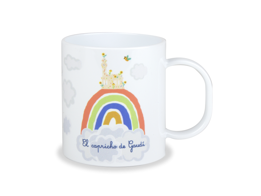 white mug with a child's drawing and the name El Capricho de Gaudí printed on it
