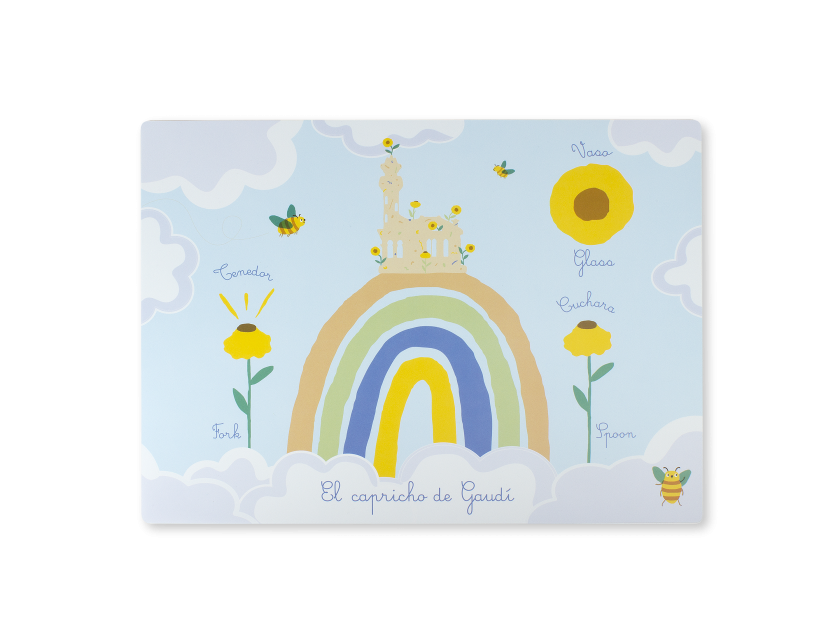 table mat with a colourful childlike drawing with sunflowers where you put the cutlery and glass