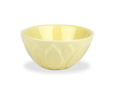 yellow glazed ceramic bowl with embossed leaves on the contour