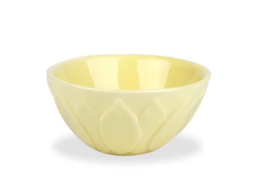 yellow glazed ceramic bowl with embossed leaves on the contour