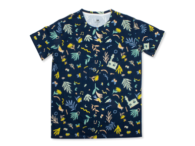 Navy blue T-shirt with different designs printed in colour