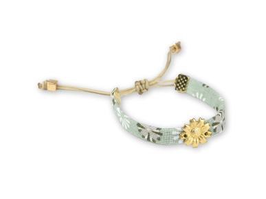 turquoise fabric bracelet with a golden sunflower sewn on