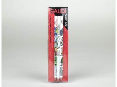 Three pencils illustrated with the mosaics of some of Gaudí's monuments in a plastic case
