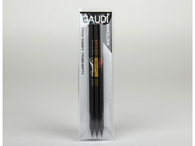 Tres lápices negros con remate de cristal en su estuche de plástico