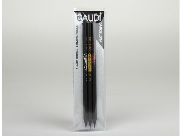 Three black pencils with a crystal topper in their plastic case