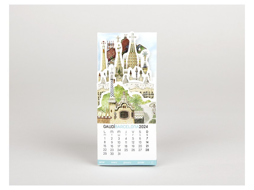 Calendrier 2024 en accordéon représentant plusieurs monuments de Gaudí