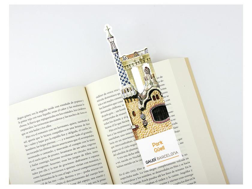 Die-cut bookmark featuring the columns and pavilion of Barcelona's Park Güell