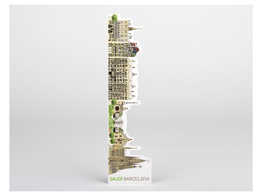 Die-cut bookmark of Gaudí's monuments in Bracelona in its plastic case