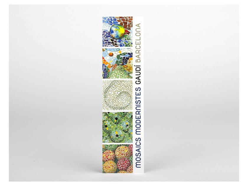 Rectangular bookmark featuring different mosaics of Gaudí's monuments in its plastic case