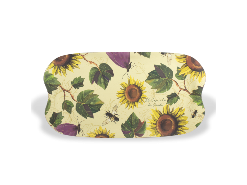 serving tray printed with flowers and sunflower leaves