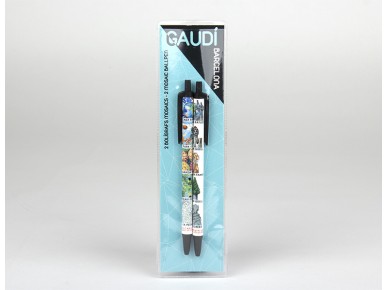 Two pens illustrated with the mosaics and chimneys of Gaudí monuments in a plastic case