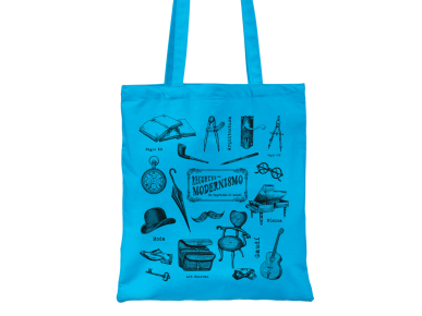 blue tote bag illustrated with various vintage designs