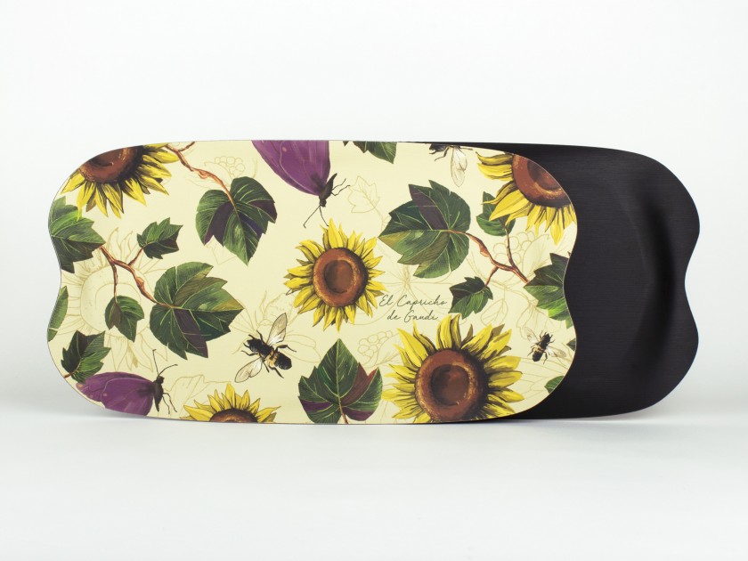 serving tray printed with flowers and sunflower leaves